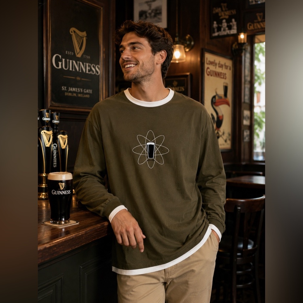Guinness Olive Green Long Sleeve Tee with White Trim